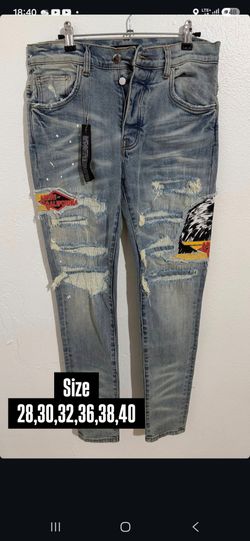 AMIRI LIGHT BLUE DISTRESSED EAGLE PATCH DENIM JEANS NEW COLLECTION