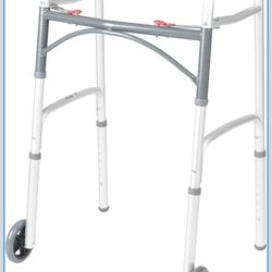 Drive Medical Two-Button Folding Walker w/ Wheels - Lightweight Rolling Mobility Support - Desk Arms - Adjustable Height - Dual Push Operation - 5 Inc