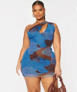 NWT PrettyLittleThing Blue Brown Abstract Swirl Print Mesh One Shoulder Mini Dress Size 16