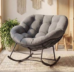 Outdoor Rocking Chair with 5.5" Thick Cushion, Oversized Egg Lounge Chair with Water-Repellent & UV-Resistant Fabric, 450 Lbs Heavy Duty for Patio, Li