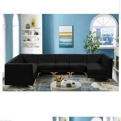 Meridian Furniture Alina Collection Velvet Upholstered Modular Sectional with Deep Channel Tufting, 8-Seater, Black