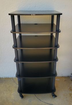 VTI AR Series 6-shelf audio rack featuring black shelves and casters.