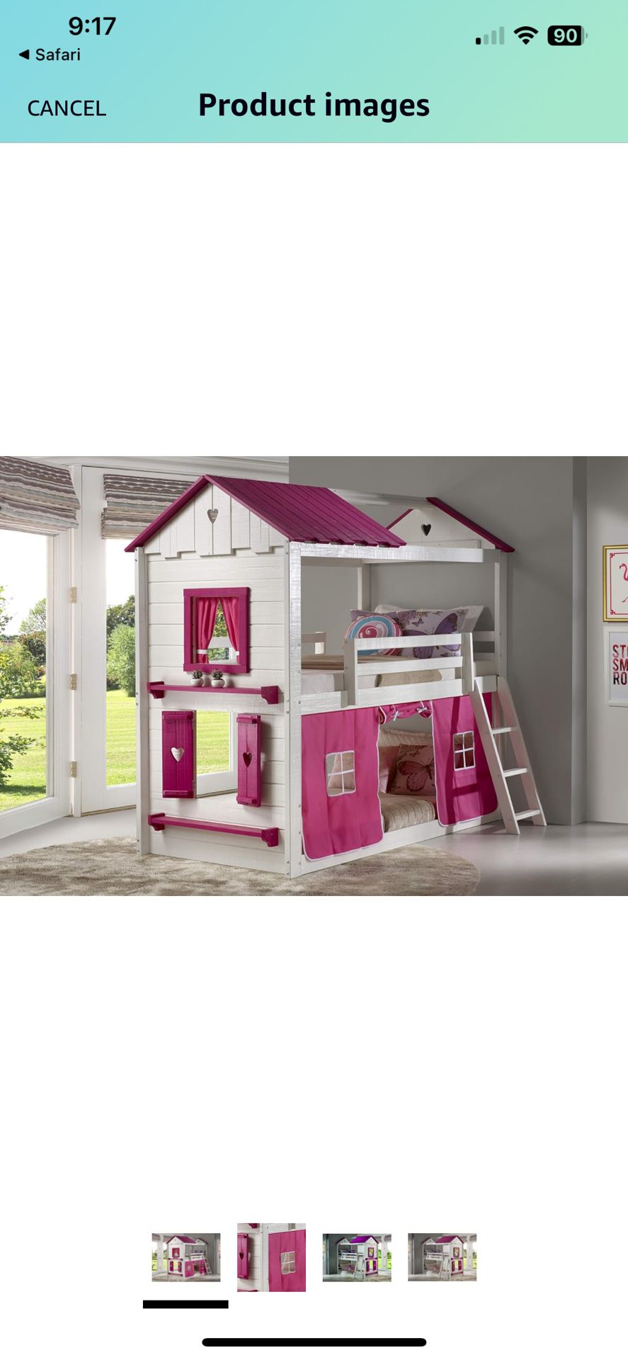 Donco Kids Sweet Heart Novelty Twin Over Twin Bunkbed in White & Pink Finish with Pink Tent