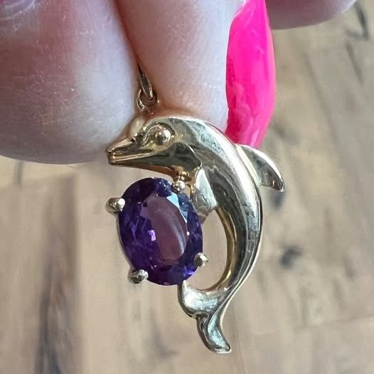14K Dolphin and Amethyst Pendant