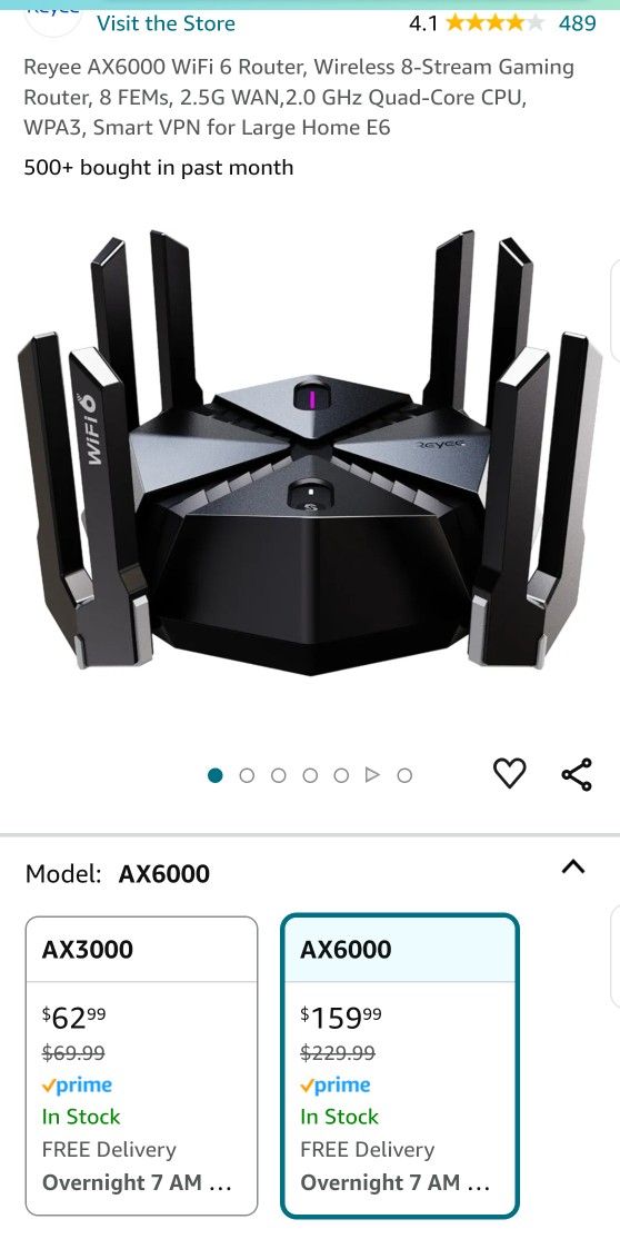 Reyee AX6000 WiFi 6 Router, Wireless 8-Stream Gaming Router, 8 FEMs, 2.5G WAN,2.0 GHz Quad-Core CPU, WPA3, Smart VPN for Large Home E6