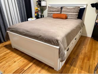 White Queen Bed with mattress & Drawers Cama Queen