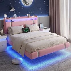 2442 $160 Floating Bed Frame with Storage Headboard, Modern pink Queen Size Bed Frame with LED Light and Charging Station, Upholstered Platform Bed Fr