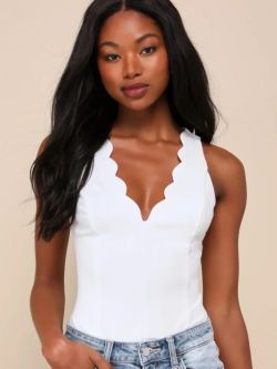 NEW Lulus Admired Poise White Scalloped V-neckline Sleeveless Bodysuit size L