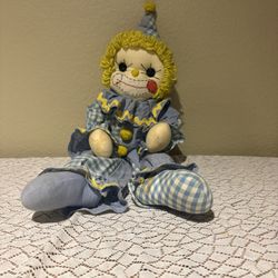 Vintage Cloth Rag Doll Clown Blue Gingham Outfit Yellow Yarn Hair Yellow Accents