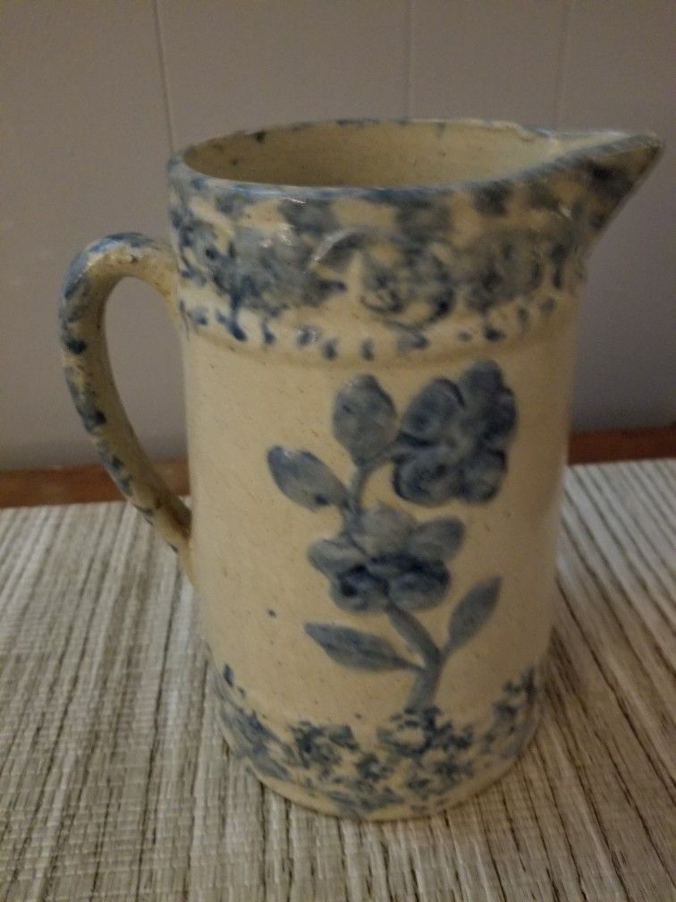 Antique 19th C. Primitive Country Blue & White Rose Spongeware, Stoneware Pitcher
