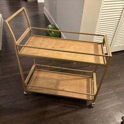 Gold Metal & Wood Bar Cart with Wine Rack and Wheels