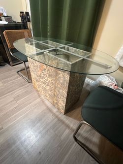 Oval Glass Top Dining Table with Marble Base