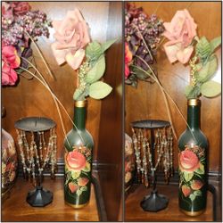 X2 VINTAGE STRAWBERRY ROSE VASE BOTTLE ORNATE BLACK METAL BEADED FRINGE CANDLE HOLDER PILLER ACCENT TABLE DECOR DISPLAY CENTERPIECE