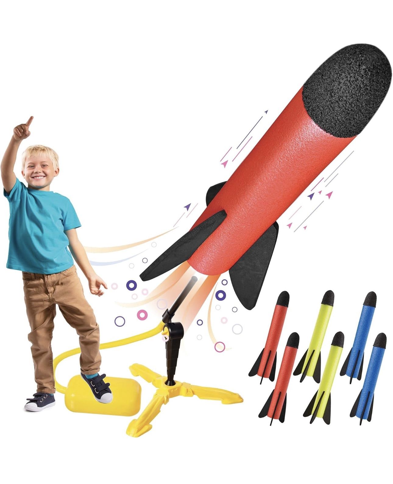 Rocket launcher for kids, fun outdoor toy for kids, shoots up to 100 feet in the air, 6 colorful foam rockets and sturdy launch pad for ids ages 3+