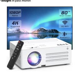TMY Projector with WiFi and Bluetooth【80" screen included】Native 1080P Outdoor Projector, 4K Supported Portable Projector, Compatible with iOS/Android
