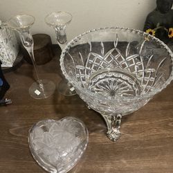 Glass Antique Punch Bowl Candle Holder Trinket Box Bundle 