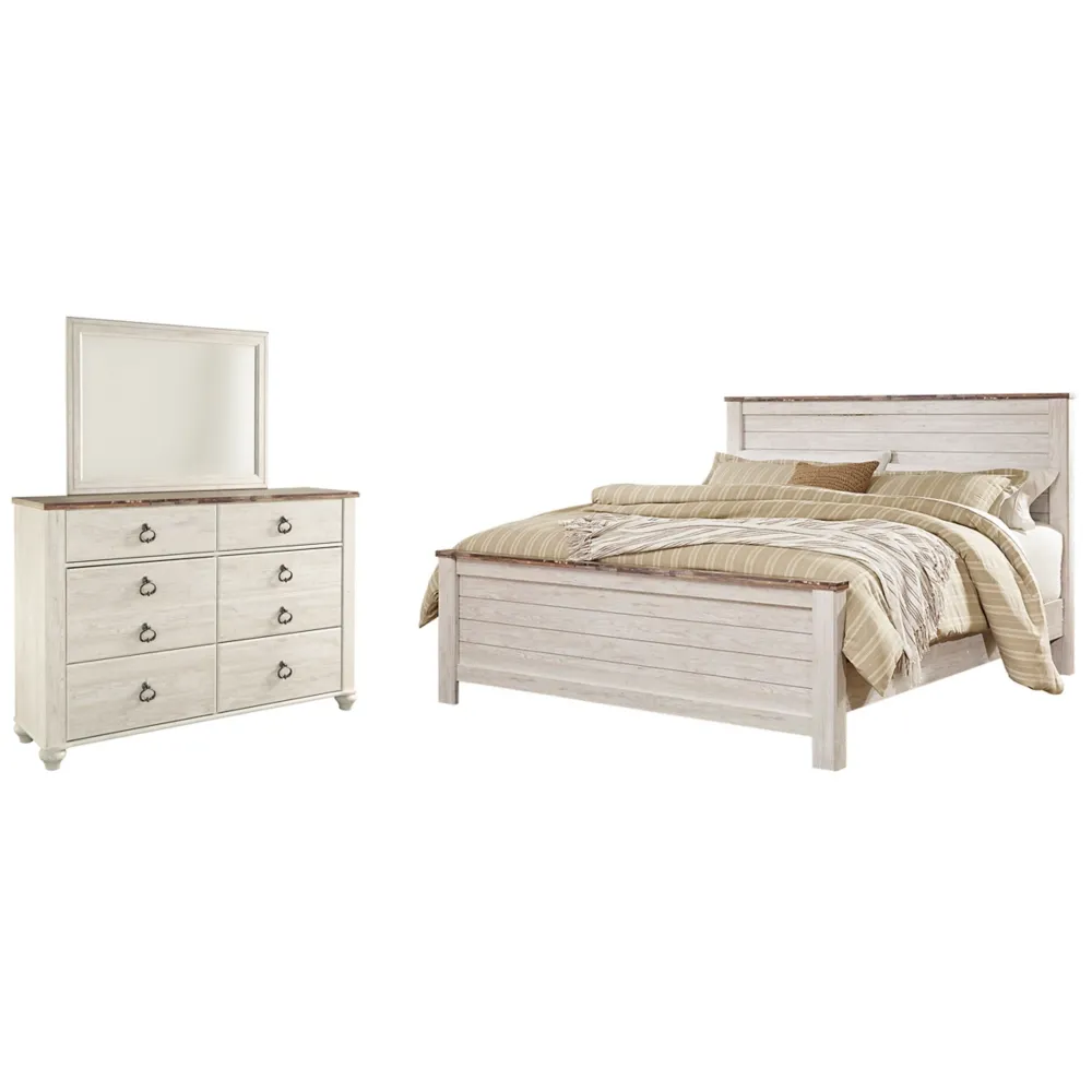 Willowton California King Panel Bed with Mirrored Dresser Ultimate Bargain Blowout