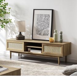 W52 $150 mopio Haylee 59" TV Stand, Modern Boho Farmhouse Entertainment Center, Natural Rattan TV Console, TV Stand with Storage, Media Console, for L