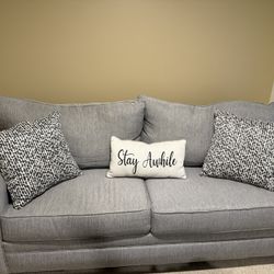 Grey 85” Sofa With Throw Pillows