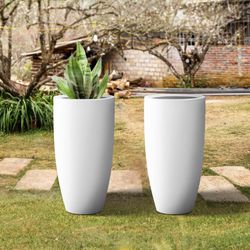 23.6" H Pure White Concrete Tall Planters (Set of 2), Large Outdoor Indoor Decorative Plant Pots with Drainage Hole and Rubber Plug, Modern Style for 