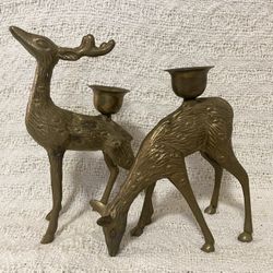 2 Vintage Reindeer Deer Brass Plated Nickle Plated Cast Candle Holder Holidays