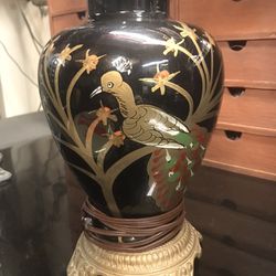 Vintage lamp maybe 20’s 30’s (reverse Peacock  painting On Glass ) very old works good