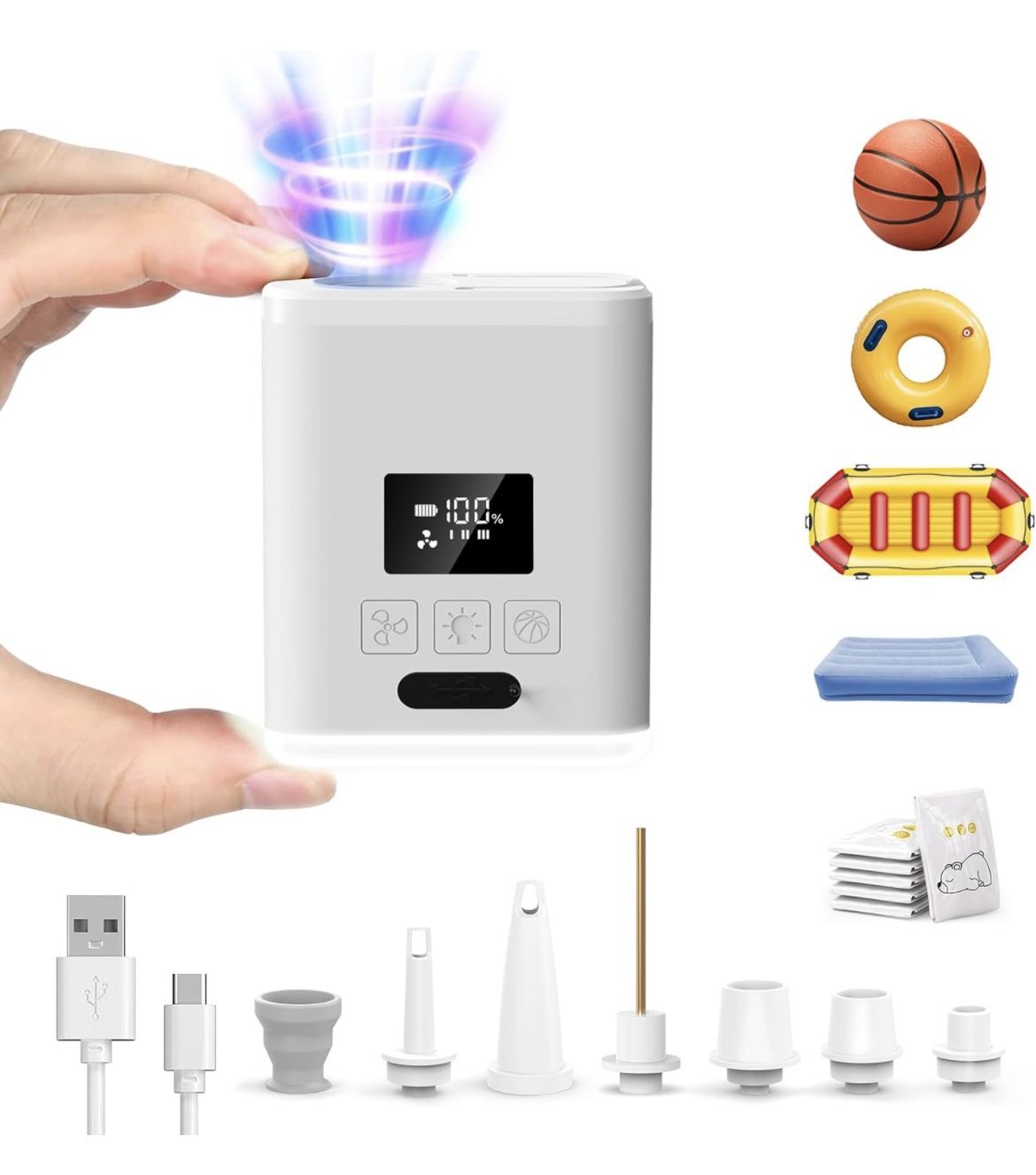 New In Box Portable Electric Air Pump for Inflatables, 5000mAh Battery Mini Air Mattress Pump with LED Display&Camping Lantern,Inflate Deflate for Poo