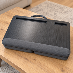 Cushioned lap desk with wrist rest and mouse pad