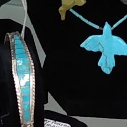 Native American Zuni Mary Poncho Signed SM Turquoise Inlay Sterling Silver Cuff Bracelet