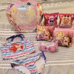 LITTLE GIRLS SIZE 5/6T AERIAL BATHING SUIT, PRINCESS FLOATIES, & SPRINKLE GOGGLES