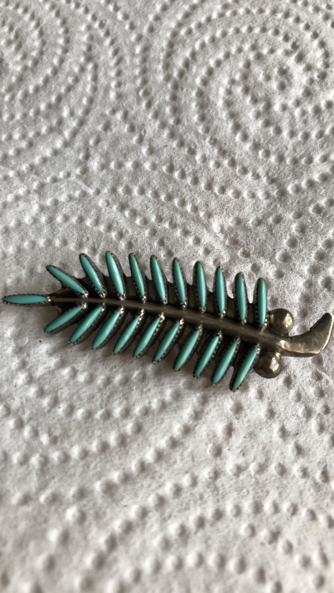 Zuni Petit Point Turquoise Sterling Silver Fern Brooch