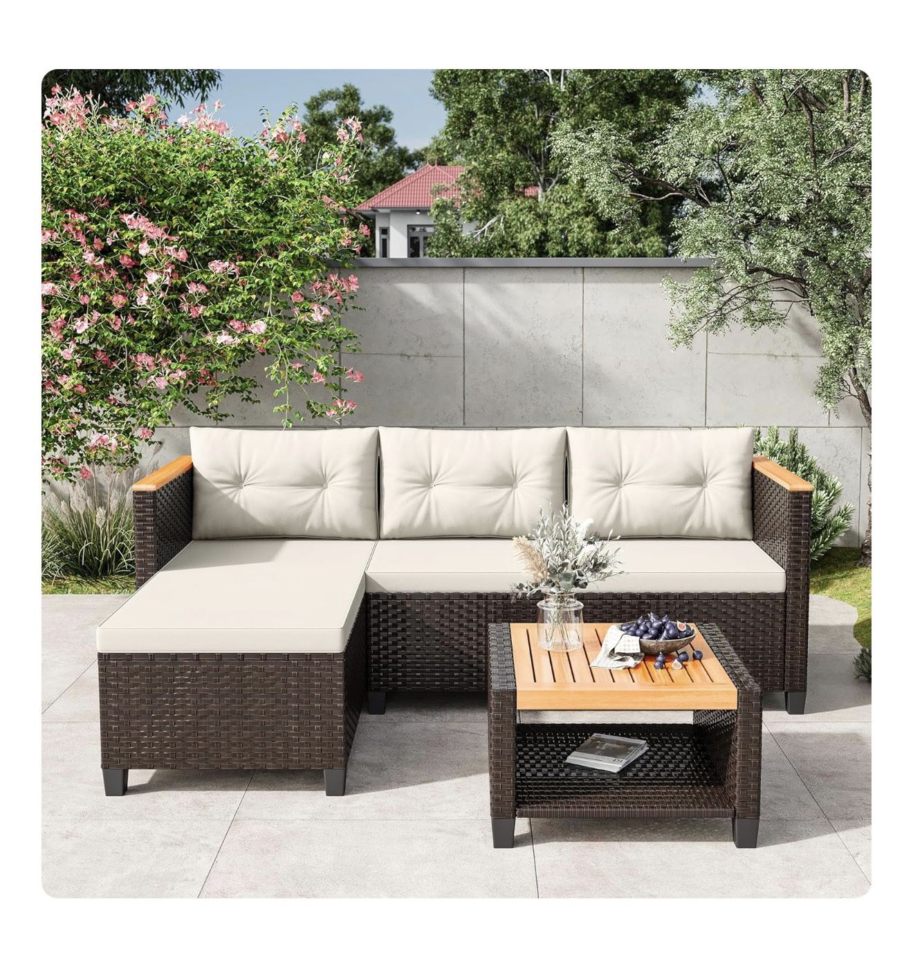 Wisteria Lane 3-Piece Patio Furniture Set, All-Weather PE Rattan Outdoor Sectional with Storage Table, L Shape Outdoor Couch with Cushions, Small Wick