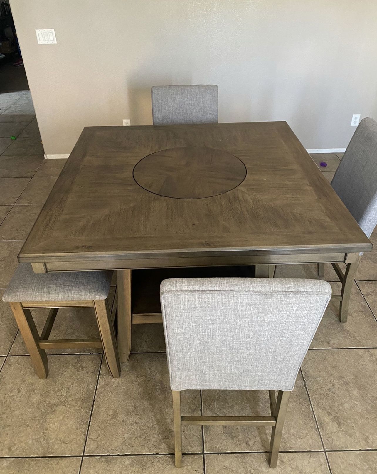 Living Spaces Dining Table + Chairs + Bench