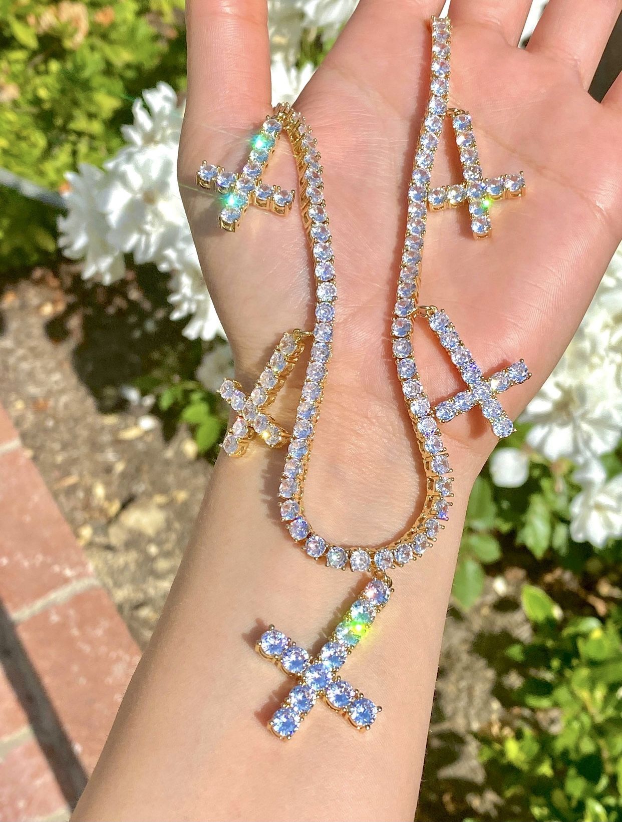 Men’s Tennis Link Chain Necklace, 14K Gold 5X Layered 20 Inches, Cross Necklace, CZ Diamond Cross Choker, ICY Necklace, Tennis Chain