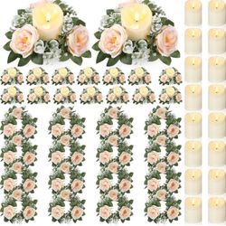 Yunlly 16 Set Rose Candle Rings Wreaths 3 Inch Center with Flameless LED Candles Artificial Rose Light Garland Fake Electric Votive Tealights Bulk Fun