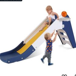 Toddler Slide, Baby Indoor Foldable Slide with Basketball Hoop & Ball, 63" Extra Long Slope, Non-Slip Steps, Sturdy Plastic Outdoor Climber Playset fo