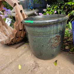 Green ceramic terracotta pot with hole
14 5"w x 14"h