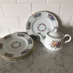 Rosenthal Bavaria Antique salad plates and teapot handpainted floral gold rim matching set 1800s 