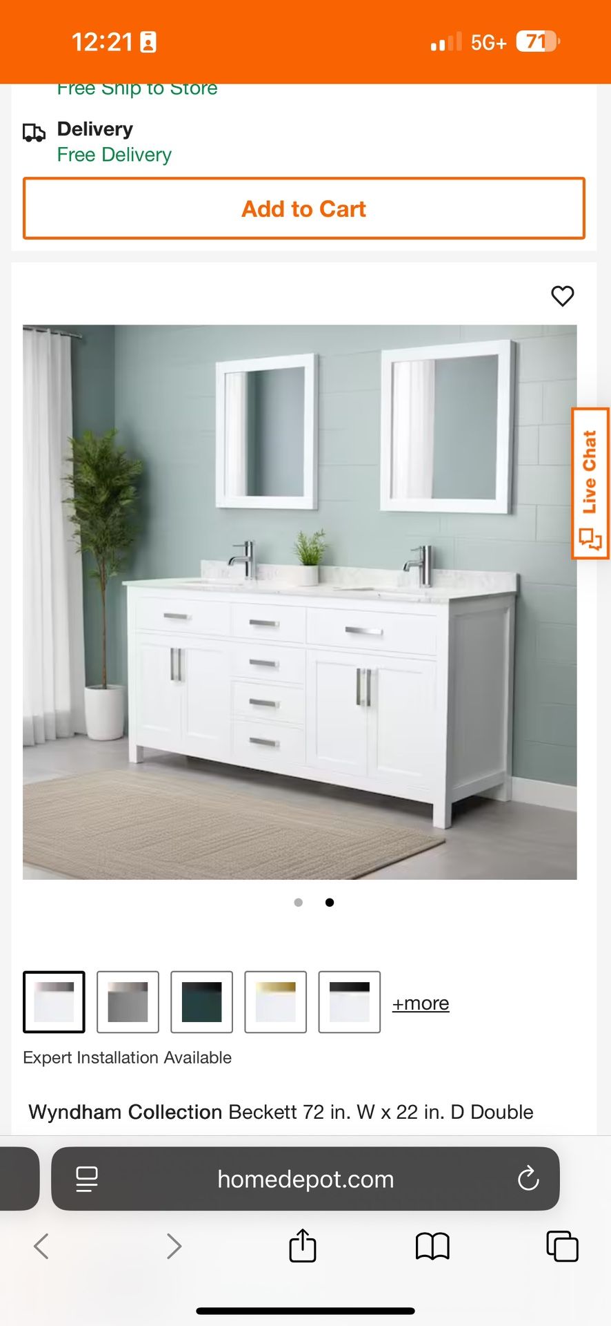 72 Inch X 22 W Double Vanity In White With Marble Top