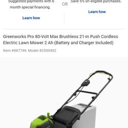 Retail for $700 with tax asking $430 it's brand new never been used 
Greenworks 80V Lithium-Ion 21" Self Propelled Mower With Two Batteries and Charge