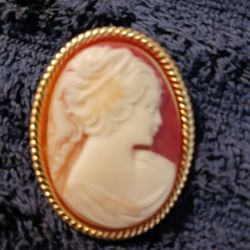 LARGE VINTAGE  CAMEO BROOCH GOLDTONE DETAIL 