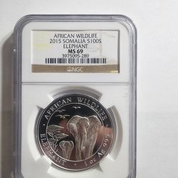 2015 Somalia 100 Shilling African Wildlife Elephant Coin, NGC MS 69, 1 Oz Ag 999