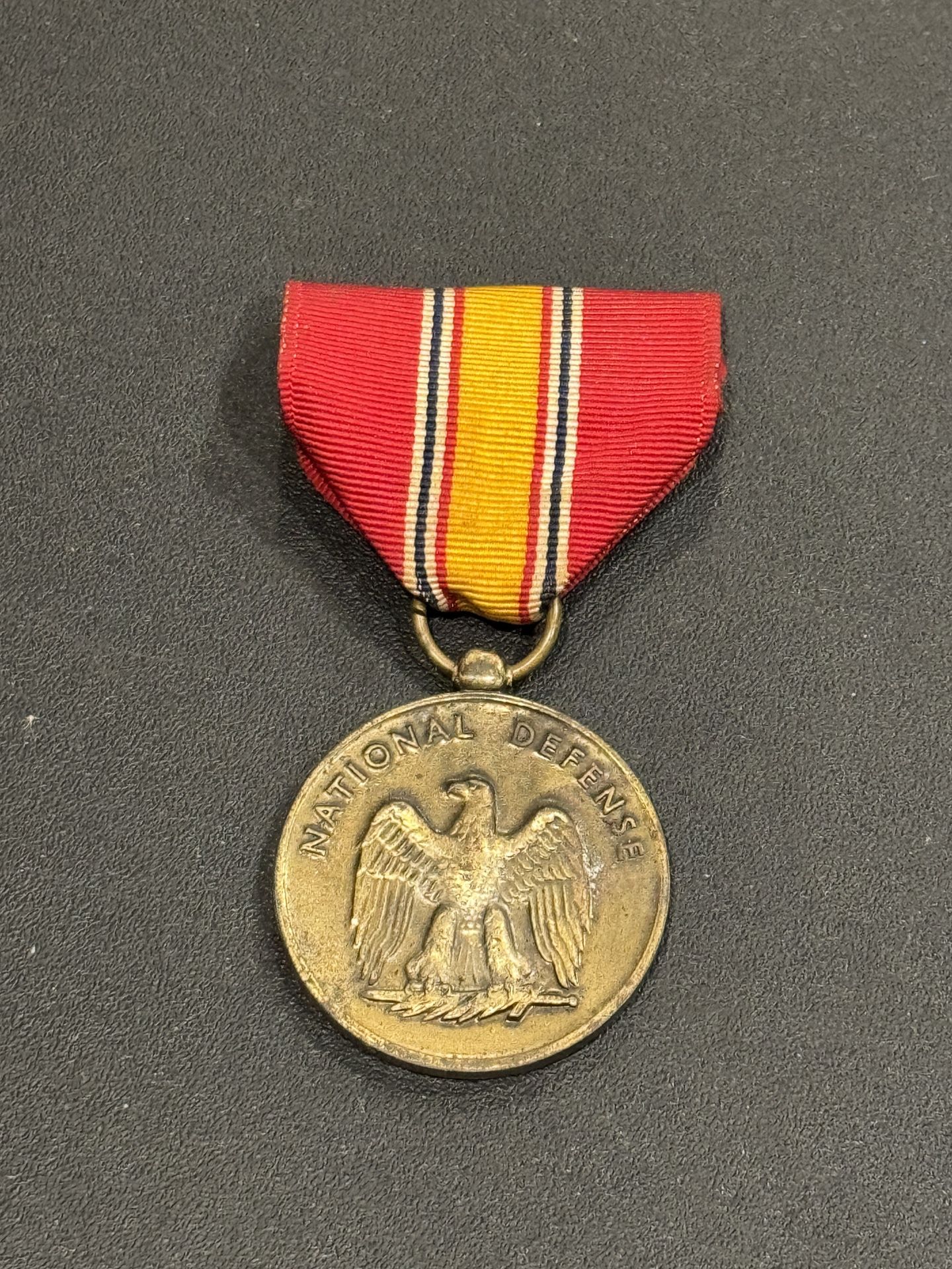 VINTAGE US Army NATIONAL DEFENSE MEDAL Brass Tone Red Yellow Ribbon