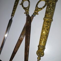 Antique Ornate Bronze Brass Scissors And Letter Opener With Sleeve 
