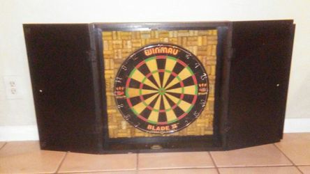 Winmau Dart Board with custom cabinet and scorekeeper with chalk