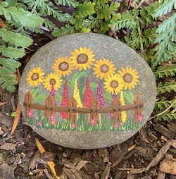 Beautiful Hand Painted Field Of Sunflowers Rock