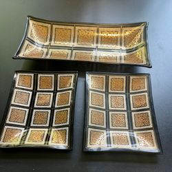 Japan Vintage 1920’s Hand Made Set Of 3 Glass Nut Candies Trays Dishes