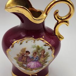 Limoges Porcelain Miniature Pitcher Gold Trim Romantic Floral 3" Pictorial