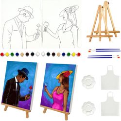 Sip and Paint Kit for Adults Couples, 8x10 Inch Pre Drawn Canvas to Paint for Adults, Paint and Sip Kit with Easels/Aprons, Couples Painting Kit Date 