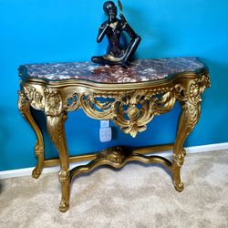 Gold Gilded Wood Carved Console Table with Marble Top